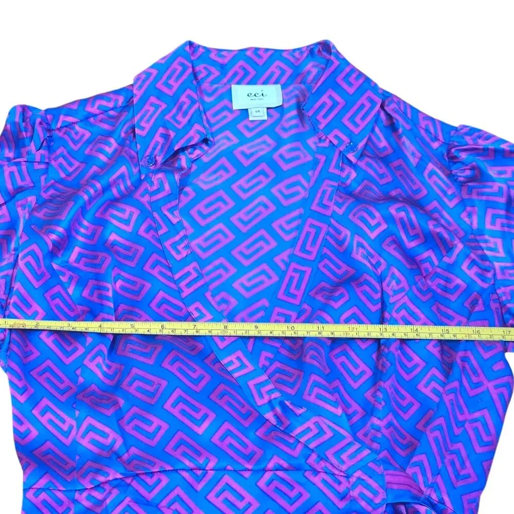 VTG ECI New York 100% Silk Blouse Asymmetric Wrap Geometric Purple Blue Size 14 - Picture 3 of 8